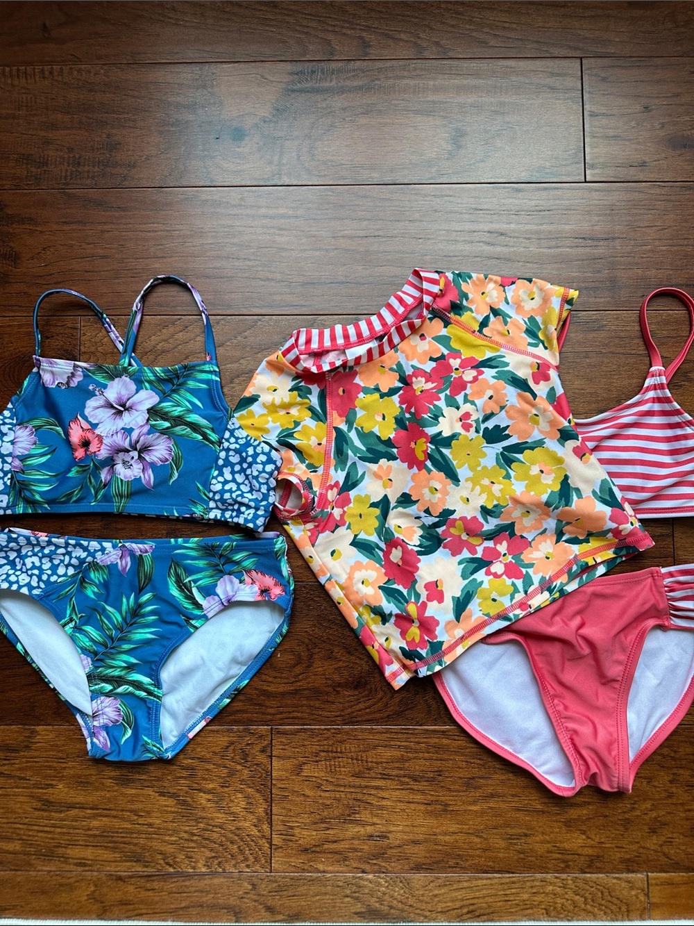art class Girls Floral Blue Tropical and Coral Stripe Swim Set